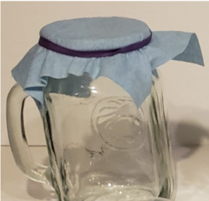 photo showing paper towel across the top of a jar, held there with an elastic band