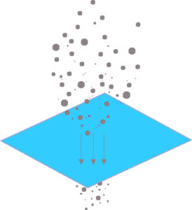 illustration showing red particles being partially filter by a piece of fabric for the DIY Mask test of filtration