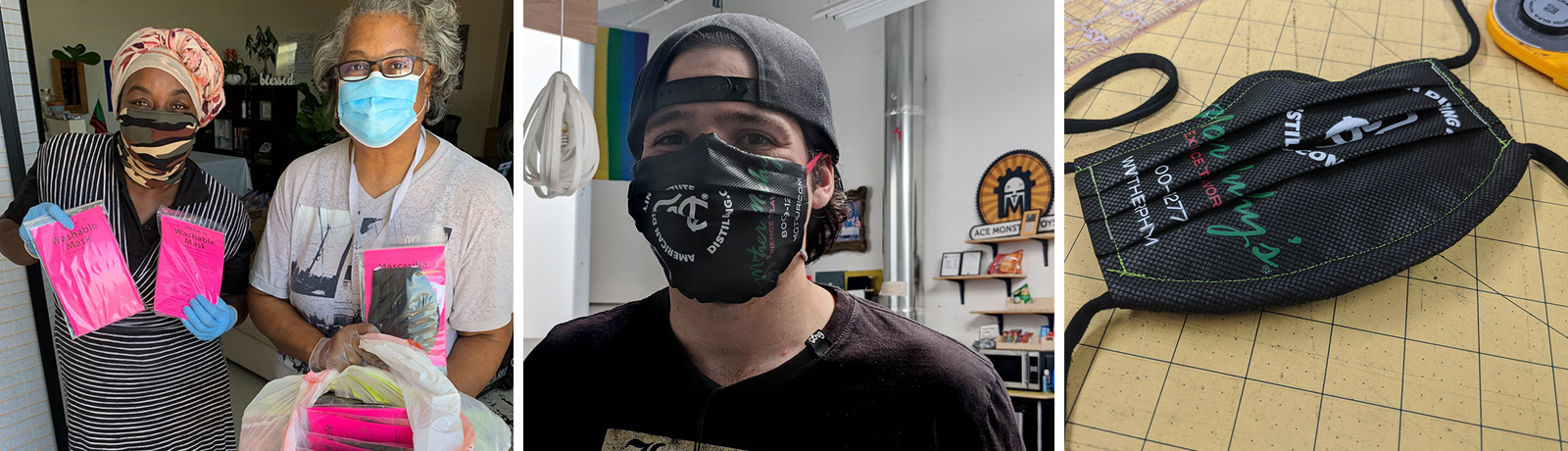 Photo Panel: (left) Two women with packaged masks; (middle) Person wearing a black "Distill My Heart" mask; (right) Black "Distill My Heart" spunbond nonwoven polypropylene mask on counter.
