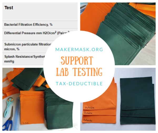 (Canva Inforgraphic) Text: MakerMask.org Support Lab Testing (Tax-Deductable). With four photos showing the deconstruction of NWPP bags and the creation of the test samples that were sent to the lab for fluid resistance testing